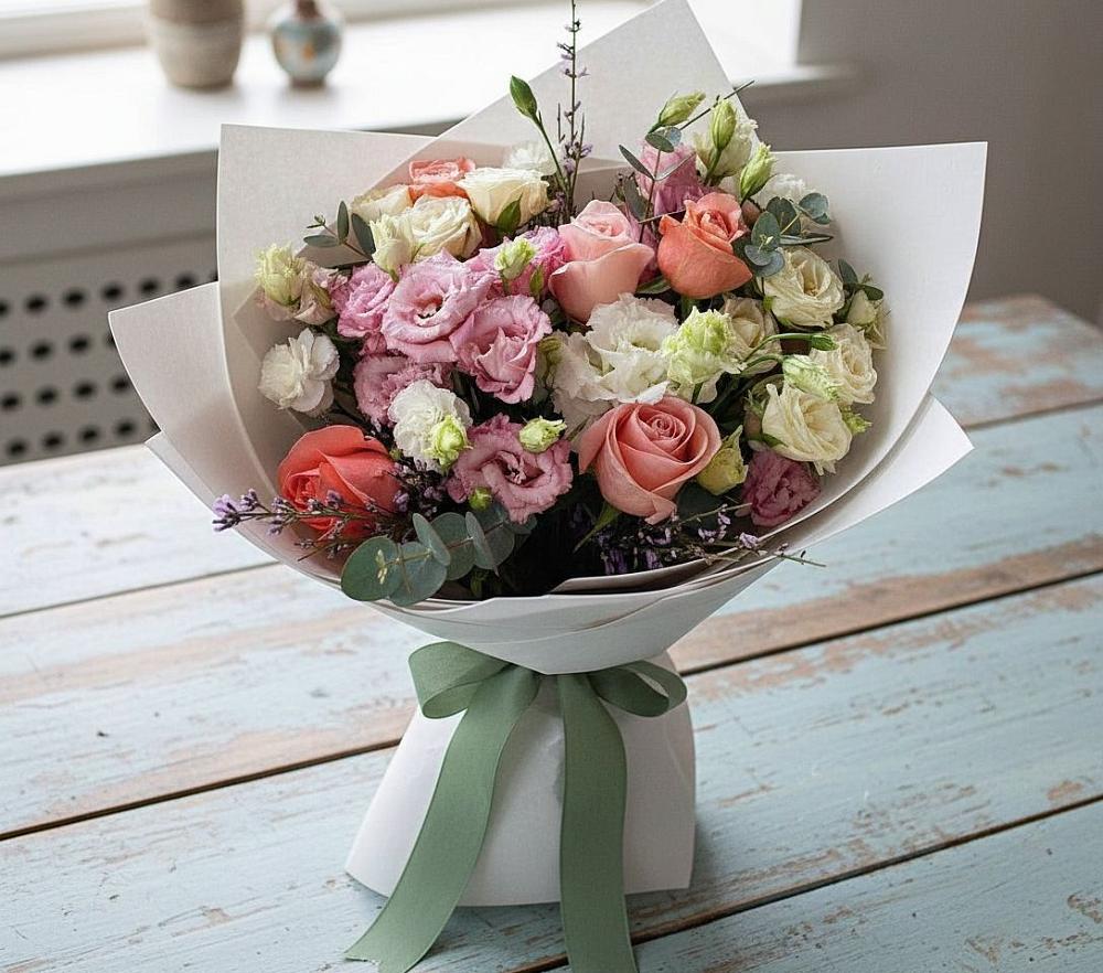 Букет далекие берега в Темиртау Букет цветов из: Розы, Лизиантусы и Гвоздики в Темиртау