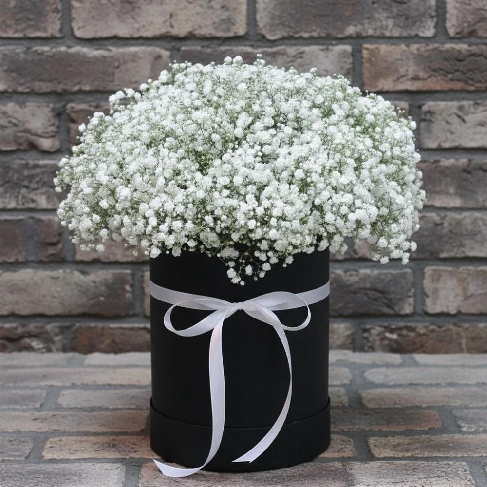 Композиция коробка гипсофил в Темиртау Цветочная композиция из Гипсофила в шляпной коробке в Темиртау