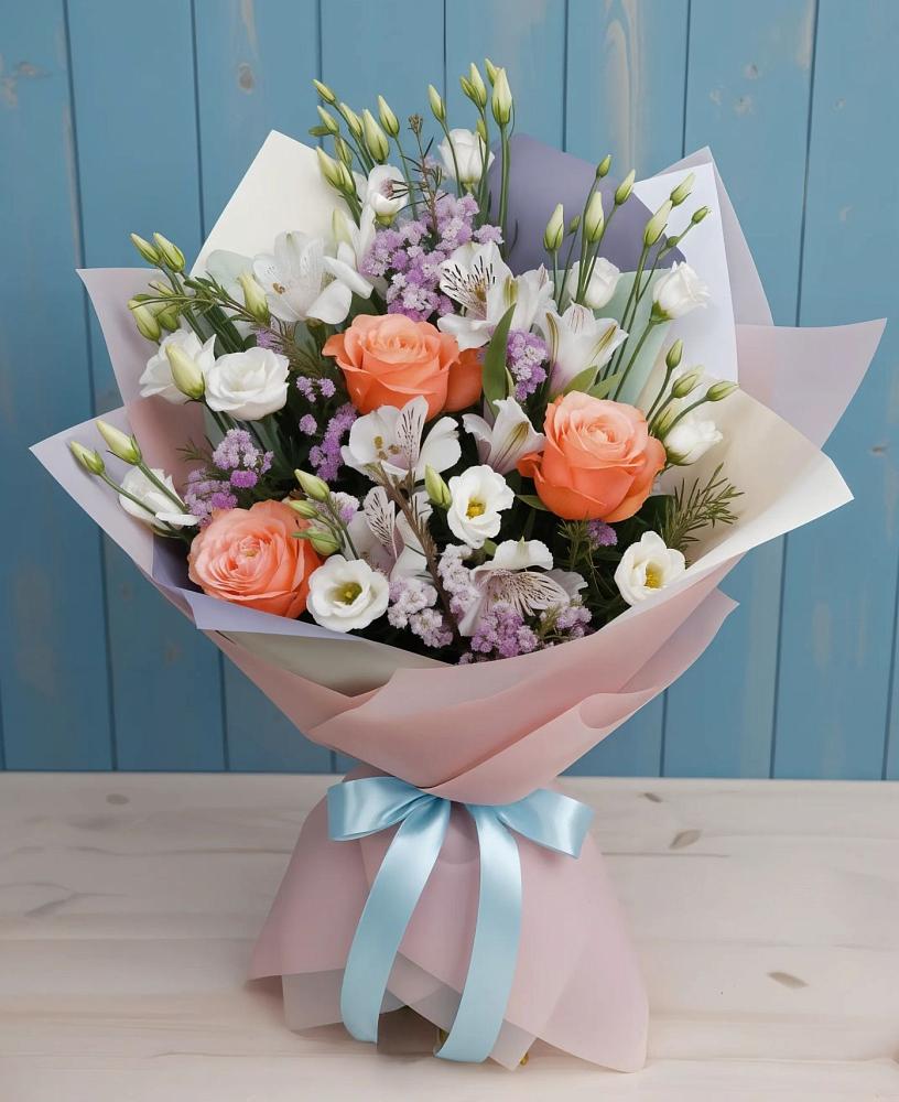 Букет Утренняя свежесть в Темиртау Букет цветов из: Лизиантусы, Розы, Альстромерии и Гипсофила в Темиртау