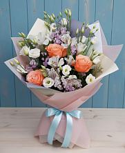 Букет Утренняя свежесть в Темиртау Букет цветов из:  Лизиантусы, Розы, Альстромерии и Гипсофила в Темиртау