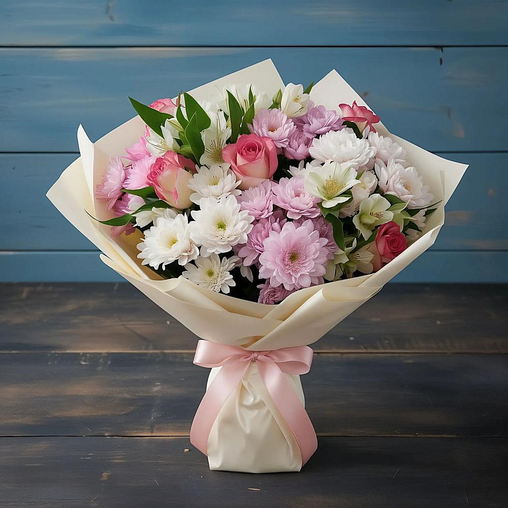 Букет Розовое очарование в Темиртау Букет цветов из: Хризантемы, Альстромерии и Розы в Темиртау